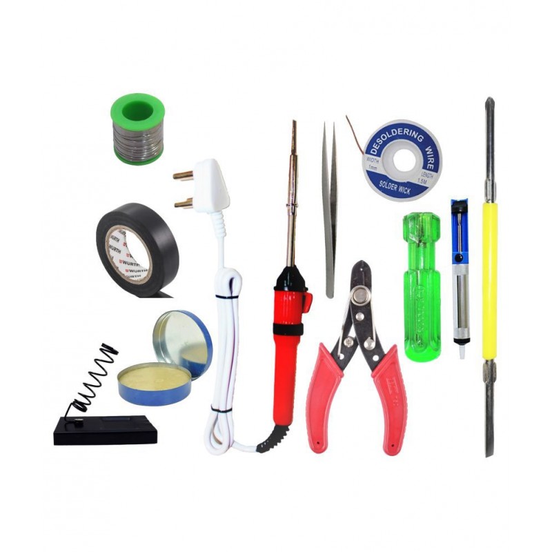 Ukoit (10 in 1) 25 Watt Soldering Iron Kit including Light Indicator Red Soldering Iron, Soldering Wire, Flux, D-Wick, Stand, Cutter, Tape, Tweezer, Pump and 2in1 Screwdriver