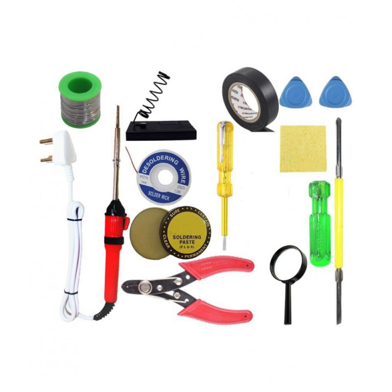 Ukoit (13 in 1) 25 Watt Soldering Iron Kit including Light Indicator Red Soldering Iron, Soldering Wire, Flux, D-Wick, Stand, Tape, Tester, Pair of Clips, 2in1 Screwdriver, Sponge, Lens and Cutter