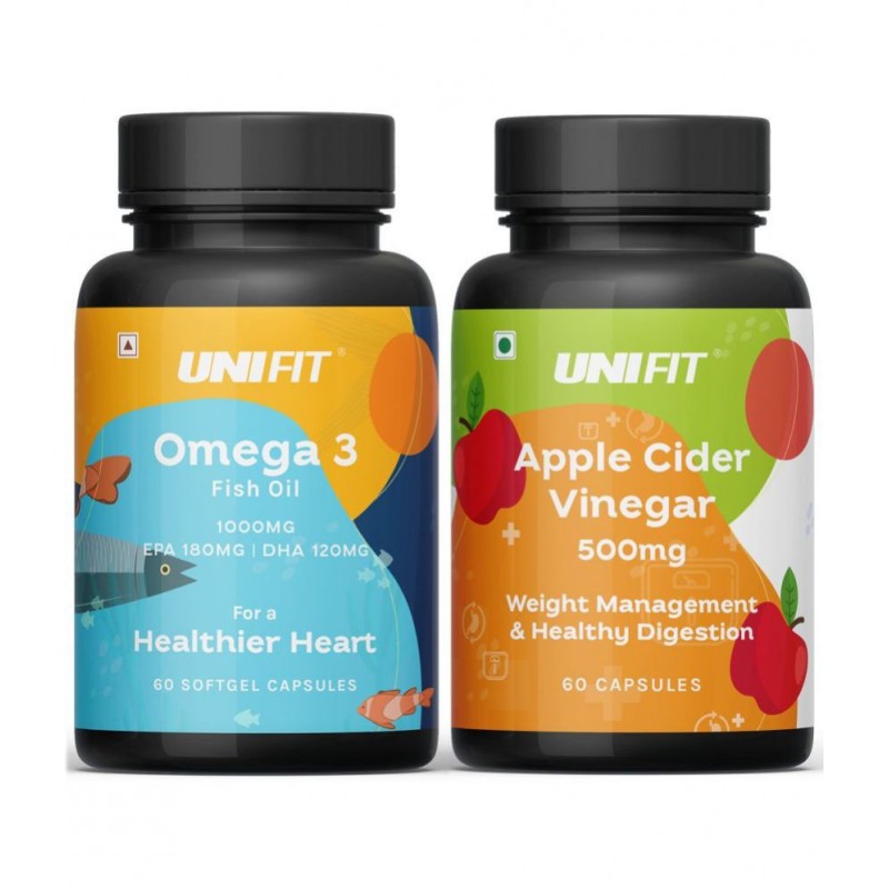 Unifit Apple Cider Vinegar and Omega 3 Fish Oil 1000 mg Capsules, Supports Weight Loss and Strong Heart (120 Capsules Combo Pack)