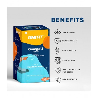 Unifit Omega 3 Fish Oil 1000mg Capsules, Omega3 Fish Oil For Men and Women, 330mg EPA & 220mg DHA For Healthy Heart (60 Capsules)