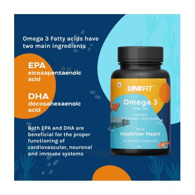 Unifit Omega 3 Fish Oil 1000mg Capsules, Omega3 Fish Oil For Men and Women, 330mg EPA & 220mg DHA For Healthy Heart (60 Capsules)
