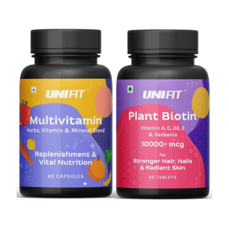 Unifit Plant Biotin Tablets & Multivitamin Capsules for Skin glow, Stamina and Immunity for Men & Women (120 Tablets Combo Pack)