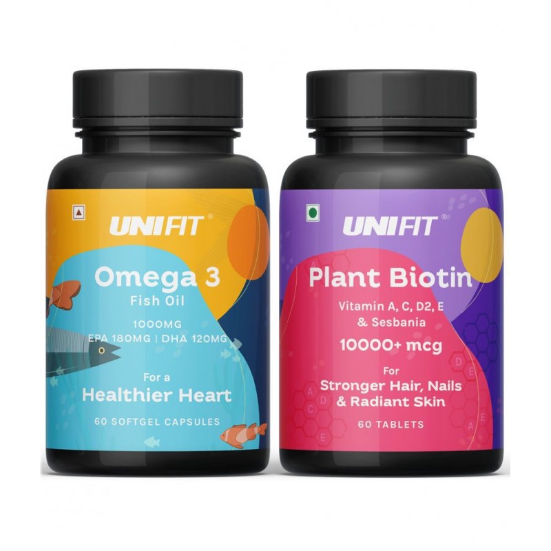 Unifit Plant Biotin Tablets & Omega 3 Fish Oil 1000mg Capsules for Skin glow, Healthy Heart for Men & Women (120 Tablets Combo Pack)