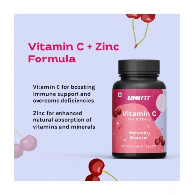 Unifit Vitamin C Orange & Cherry Flavor Chewable Tablets With Zinc for Immunity, Antioxidant and Skin care (120 Chewable Tablets - Pack of 2)