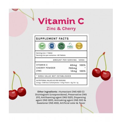 Unifit Vitamin C Orange & Cherry Flavor Chewable Tablets With Zinc for Immunity, Antioxidant and Skin care (120 Chewable Tablets - Pack of 2)
