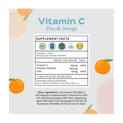 Unifit Vitamin C Orange & Cherry Flavor Chewable Tablets With Zinc for Immunity, Antioxidant and Skin care (120 Chewable Tablets - Pack of 2)
