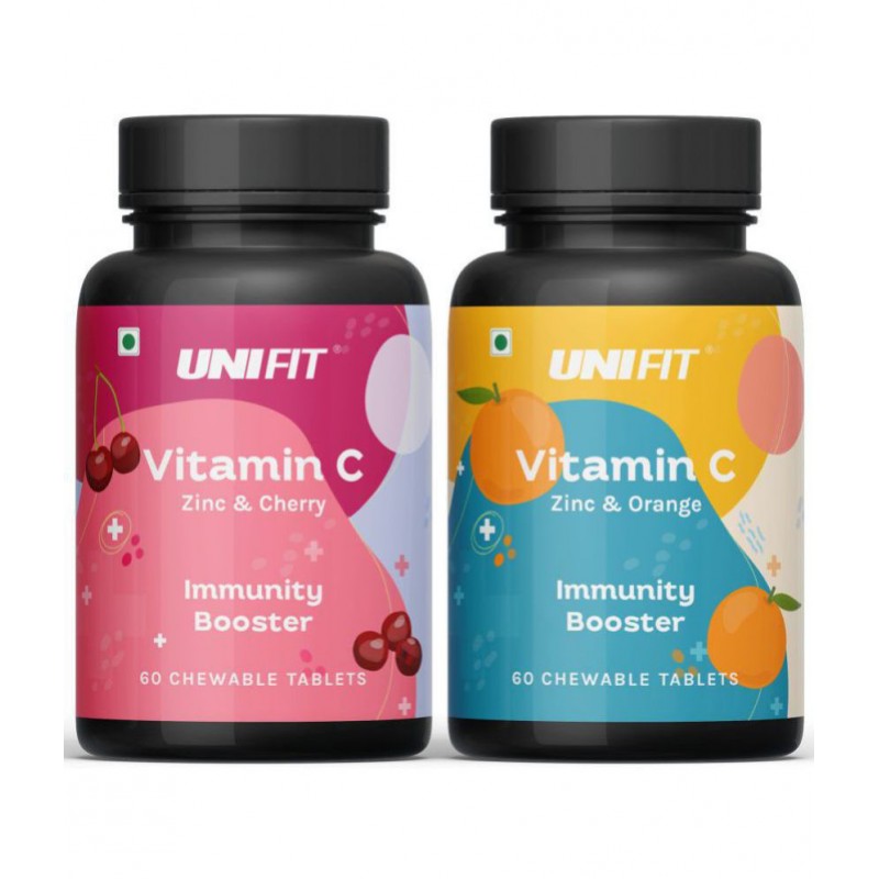 Unifit Vitamin C Orange & Cherry Flavor Chewable Tablets With Zinc for Immunity, Antioxidant and Skin care (120 Chewable Tablets - Pack of 2)