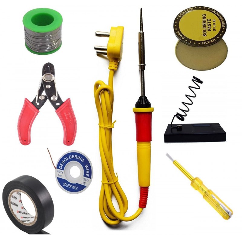 Unique-(8 in 1) High Quality 25W Soldering Kit including Soldering Iron, Soldering Wire(5m), Flux, Iron Stand, Cutter, Tester, D-Wick and Tape