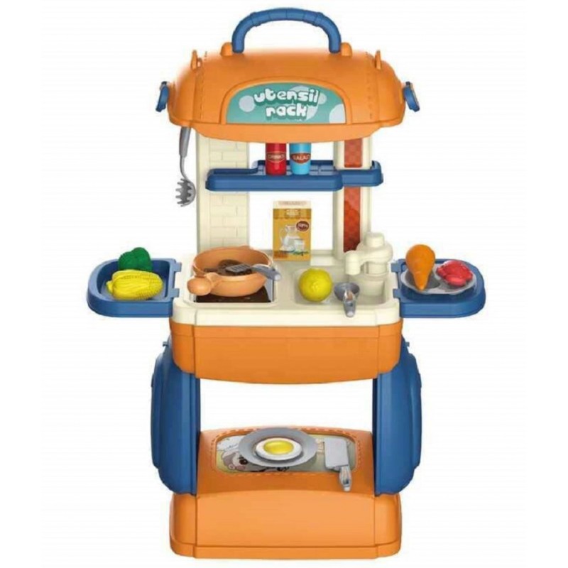 VBE3 in 1 Multi Function Pretend Mobile Kitchen Playset to Play Little Chef's Kitchen Set with Portable Suitcase Design | Kitchen Set for Girls - 31Pcs (Blue Mobile KITCHENSET)