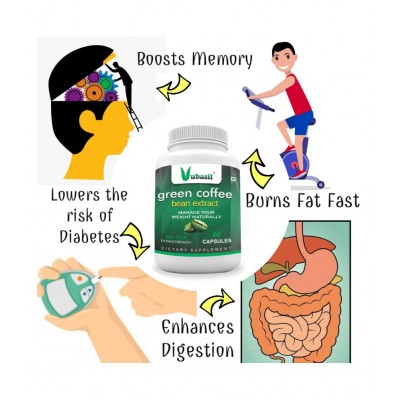 VUBASIL Best Green Coffee (60 Capsules) Weight Loss Fat Burner Natural Immunity, Metabolism & Memory Booster Enhances Digestion Lowers Blood Sugar Cholestrol 800 mg Unflavoured