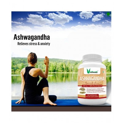 VUBASIL Pure Organic Ashwagandha (120 Capsules) for Anxiety Relief Stress Support Mood Enhancer Natural Supplement Fights Diabetes Boosts Immunity & Strength 800 mg Multivitamins Capsule