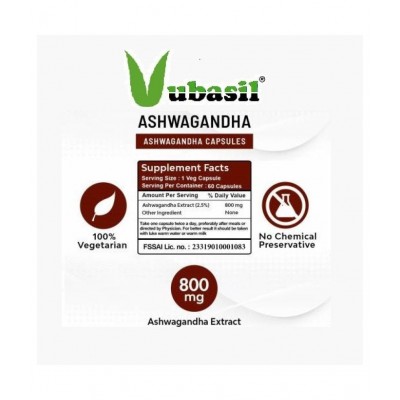 VUBASIL Pure Organic Ashwagandha (120 Capsules) for Anxiety Relief Stress Support Mood Enhancer Natural Supplement Fights Diabetes Boosts Immunity & Strength 800 mg Multivitamins Capsule