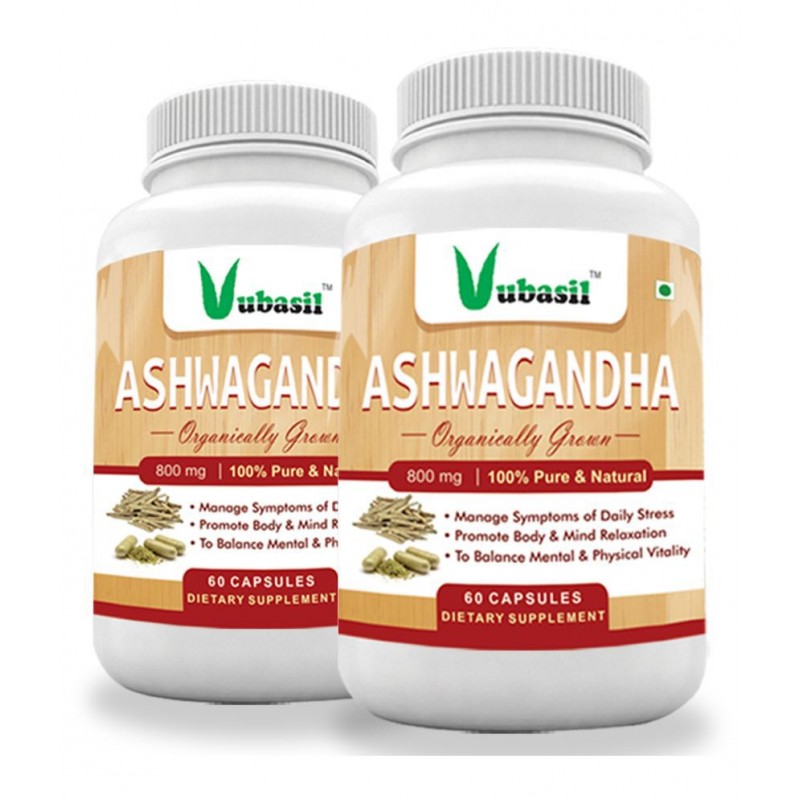 VUBASIL Pure Organic Ashwagandha (120 Capsules) for Anxiety Relief Stress Support Mood Enhancer Natural Supplement Fights Diabetes Boosts Immunity & Strength 800 mg Multivitamins Capsule