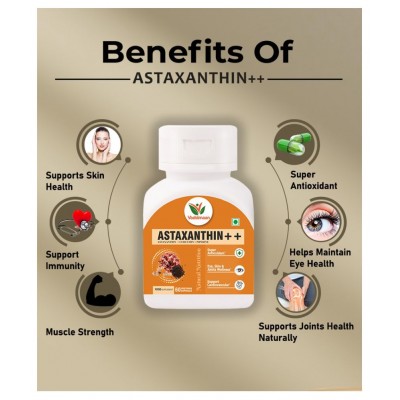 Vaddmaan Astaxanthin++ 60 Capsules, Pack Of 1 Natural Astaxanthin haematococcus pluvialis, Natural Curcumin 95%, Piperine 95% Super Antioxidant, Vegan, Eye, Brain & Joint Health
