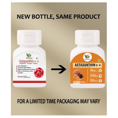 Vaddmaan Astaxanthin++ 60 Capsules, Pack Of 1 Natural Astaxanthin haematococcus pluvialis, Natural Curcumin 95%, Piperine 95% Super Antioxidant, Vegan, Eye, Brain & Joint Health