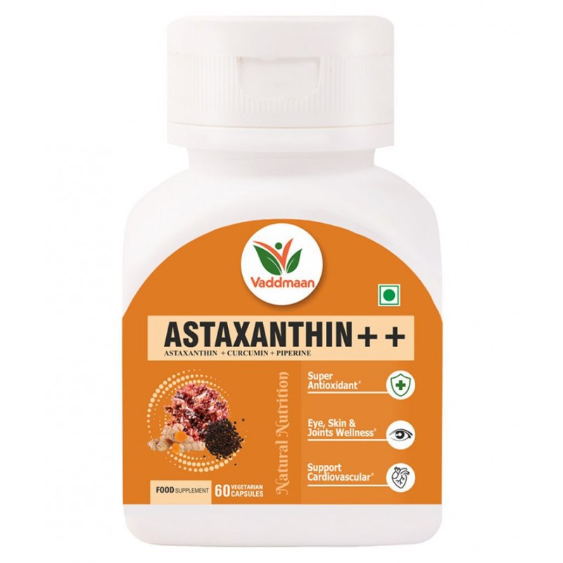 Vaddmaan Astaxanthin++ 60 Capsules, Pack Of 1 Natural Astaxanthin haematococcus pluvialis, Natural Curcumin 95%, Piperine 95% Super Antioxidant, Vegan, Eye, Brain & Joint Health