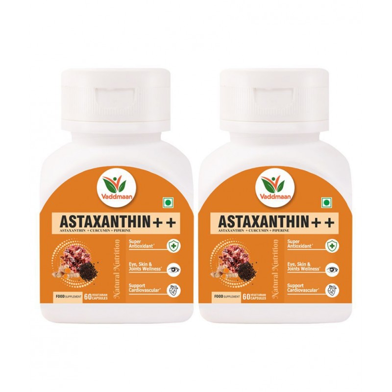 Vaddmaan Astaxanthin++ 60 Capsules, Pack Of 2, Natural Astaxanthin haematococcus pluvialis, Natural Curcumin 95%, Piperine 95% Super Antioxidant, Vegan, Eye, Brain & Joint Health