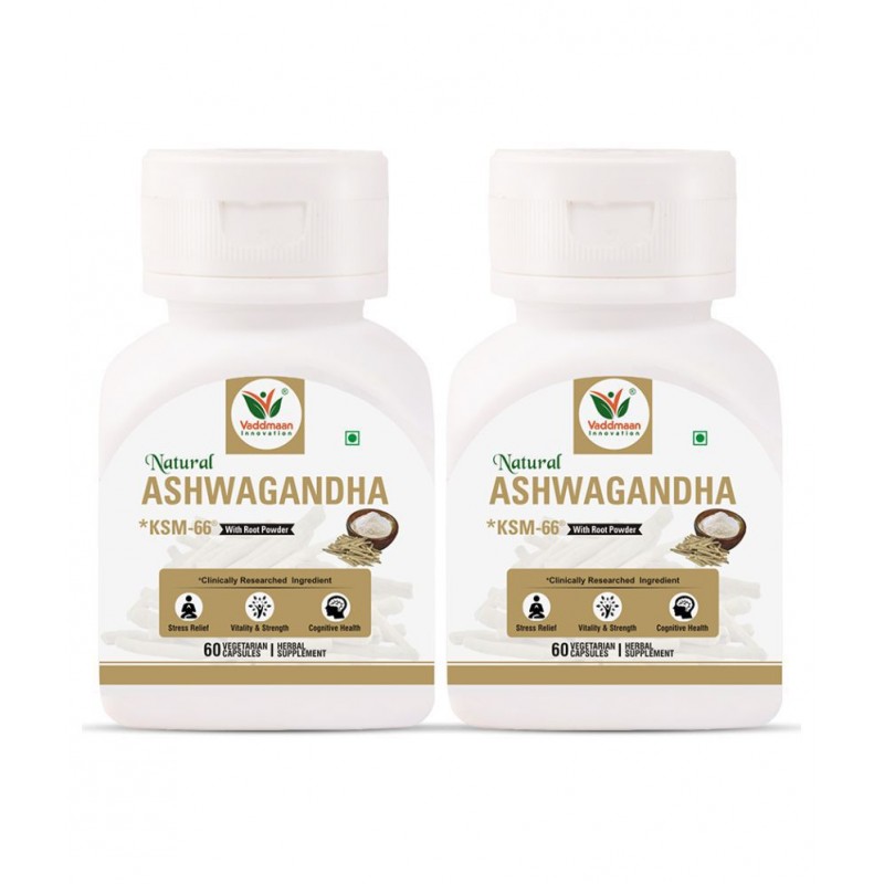 Vaddmaan Natural Ashwagandha KSM-66Â® (Clinically Proven) with Root Extract 500mg, 60 Veggie Caps - High Potency 5% Withanolides - Helps Natural Anxiety Relief, Vitality, Energy, Strength (Pack of 2)