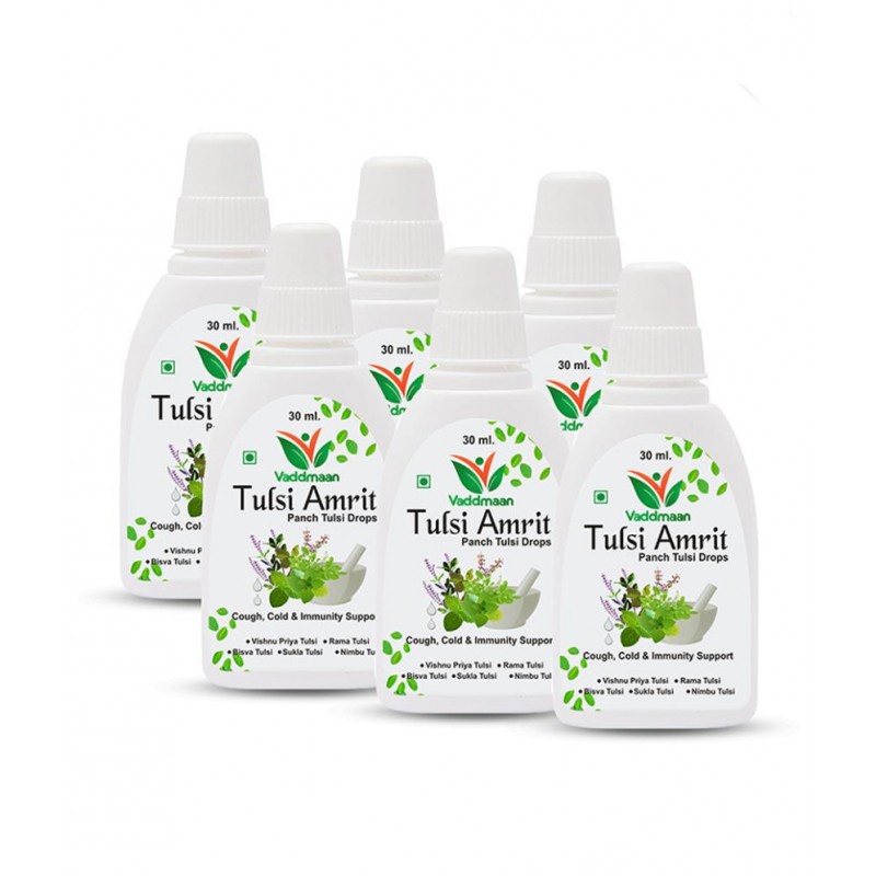 Vaddmaan Tulsi Amrit - 6 x 30 ml - Panch Tulsi Ark Drops - Pure Organic Concentrated Extract of 5 Rare Tulsi for Natural Immunity Boosting & Cough and Cold Relief