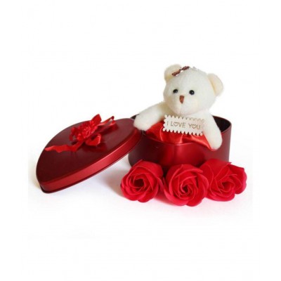 Valentine's Day Soft Toy Gift Heart Shape Box with 1 Teddy and 3 Red Roses For Your Lover