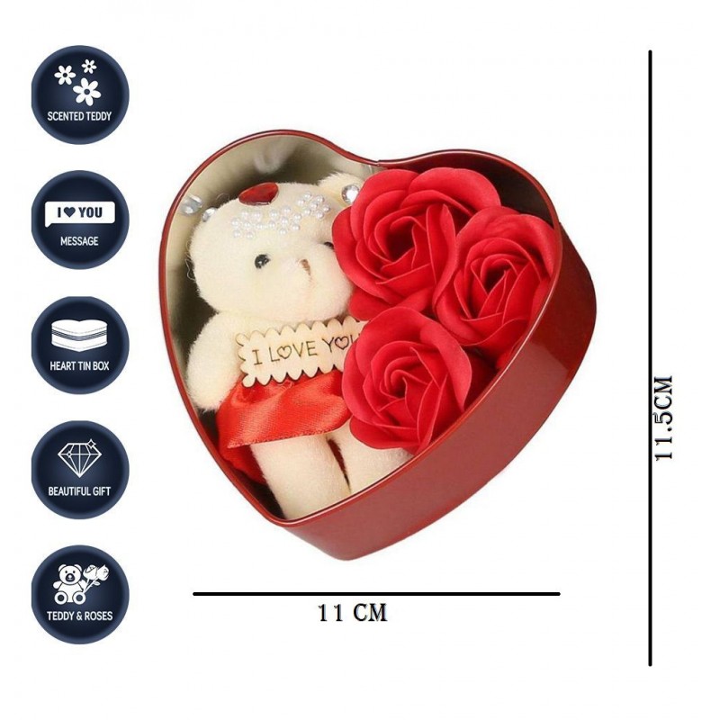 Valentine's Day Soft Toy Gift Heart Shape Box with 1 Teddy and 3 Red Roses For Your Lover