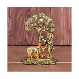 Veda Metal Krishna with Cow Standing Under Tree Plying Flute Decorative Showpiece - 17 cm (Brass, Gold)