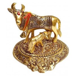 Veda Oxidized Metal Kamdhenu Cow with Calf Handmade Handicraft for Home Decor Gift Item (Golden) Decorative Showpiece - 10 cm  (Brass, Gold)
