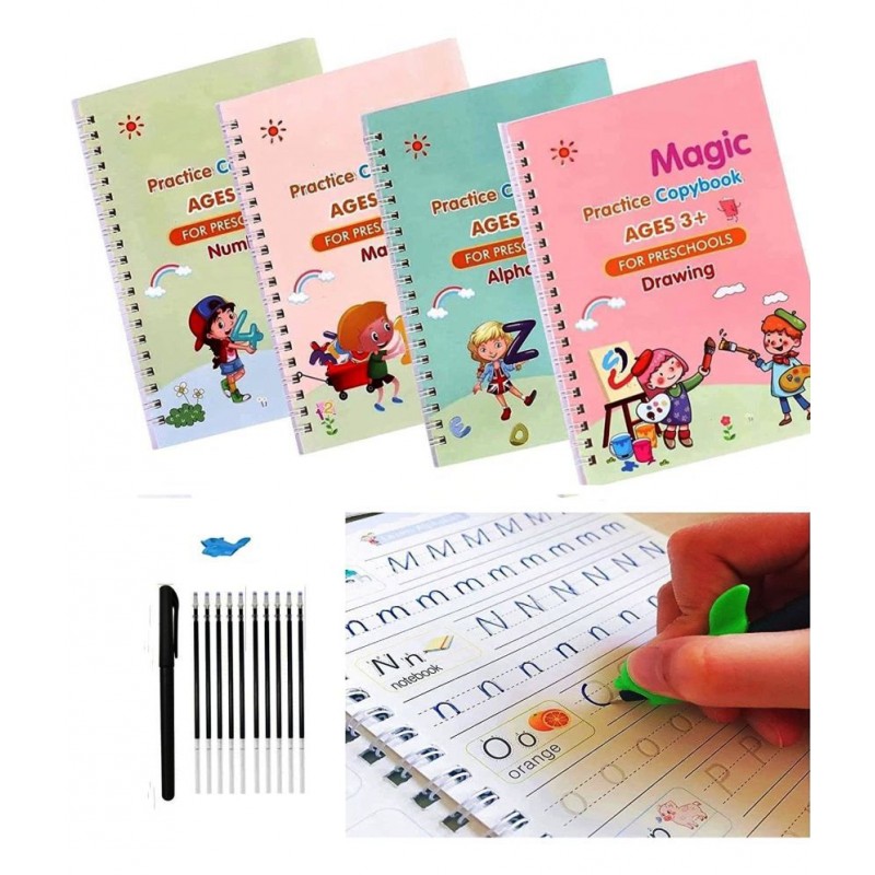 Vedo Magic Practice Copybook for Kids, Calligraphy Pens, Calligraphy Set for Beginners, Reusable Calligraphy for Kids, Handwriting Practice Copybook (Four Copybook and Magic Pens & 10 Refill)VEDO)
