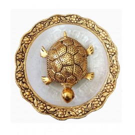 Vighnesh Art And Crafts Golden Metal Tortoise On Glass Plate For Good Luck | Kachua Plate | Tortoise Plate(14X14X5 CM)
