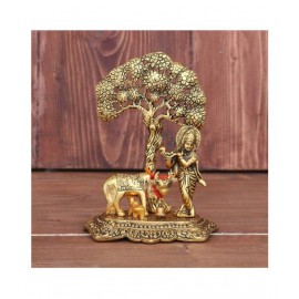 Vighnesh Art and Crafts Metal Krishna with Cow Standing Under Tree Plying Flute (Gold, 12x8x17cm)