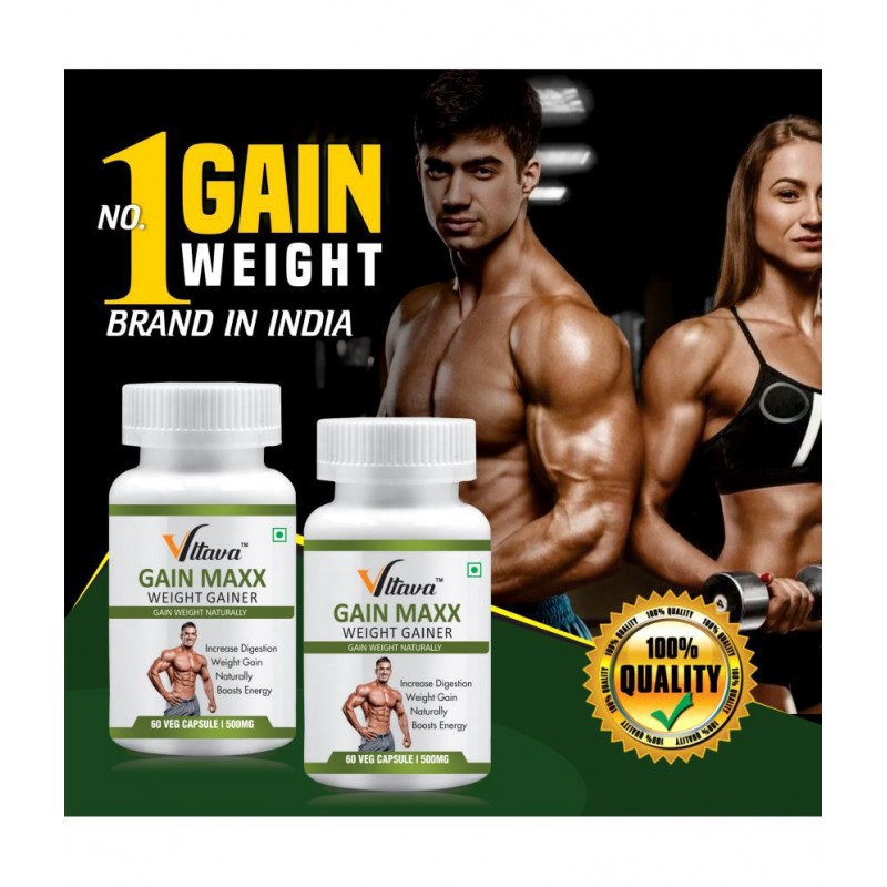 Vltava GAIN MAXX Weight Gainer Capsules Supplement for Increase Appetite & Promote Weight Gain 100% Natural 120 mg Unflavoured Pack of 2