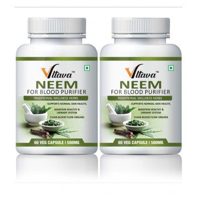 Vltava Neem Natural Blood Purifier - Ayurvedic Herb For Glowing Skin 120 mg Unfalvoured Minerals Capsule Pack of 2