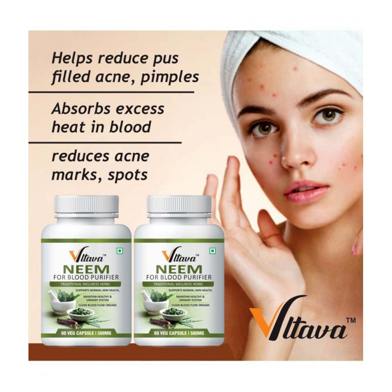 Vltava Neem Natural Blood Purifier - Ayurvedic Herb For Glowing Skin 120 mg Unfalvoured Minerals Capsule Pack of 2