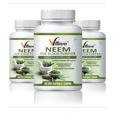 Vltava Neem Skin Care with Nature,Treats Skin Infection & Glowing Skin 180 mg Unfalvoured Minerals Capsule Pack of 3