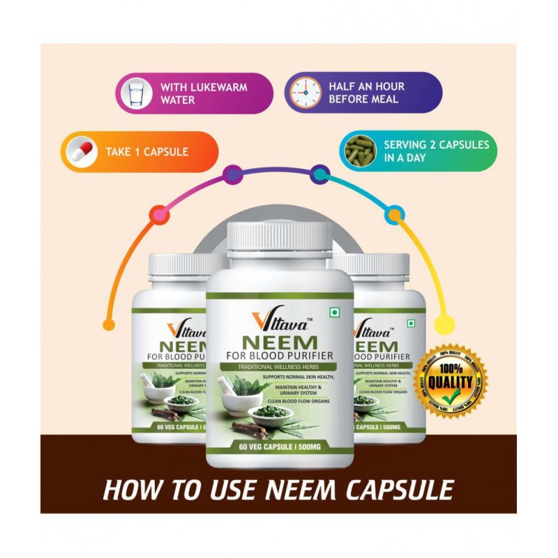 Vltava Neem Skin Care with Nature,Treats Skin Infection & Glowing Skin 180 mg Unfalvoured Minerals Capsule Pack of 3