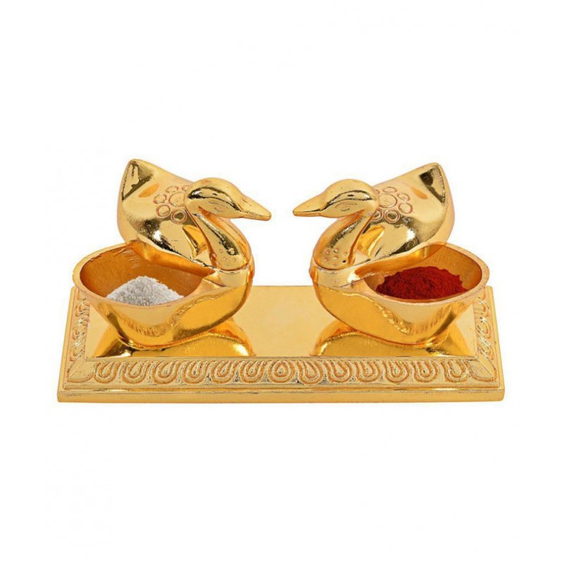 Vyomika Decor Double Duck Roli-Chandan, Chawal Akshat Haldi, Kumkum Box Chopda (Golden, Size : 10x4x5CM)