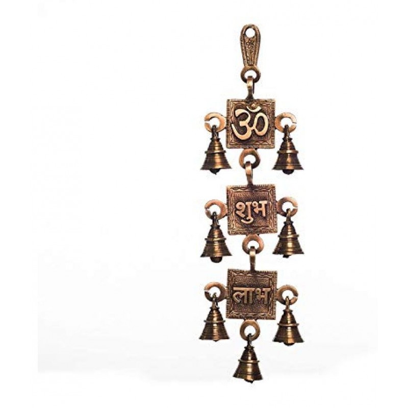 Vyomika Decor Om Shubh Labh Brass Wall Hanging Bells (10 cm x 2 cm x 31, Brown)