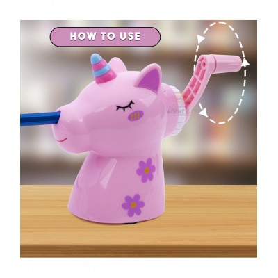 WISHKEY Plastic Cute Cartoon Unicorn Shaped Manual Color Pencils/Pencil Sharpener For Toddlers, Table Sharpener Machine School Stationary Gift for Kids ( Pack Of 1, Pink)
