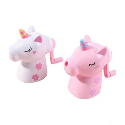 WISHKEY Plastic Cute Cartoon Unicorn Shaped Manual Color Pencils/Pencil Sharpener For Toddlers, Table Sharpener Machine School Stationary Gift for Kids ( Pack Of 1, Pink)