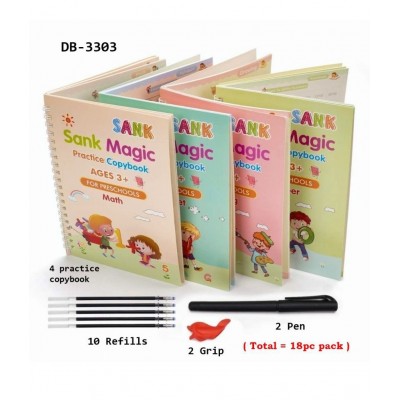 WISHKEY Practice Copy Book Set of 4 Magic Writing & Drawing Books Kit for Toddler Alphabet, maths,drawing Learning Handwriting Educational Playset for Kids With Pen,Refills & Pen grip for Preschooler