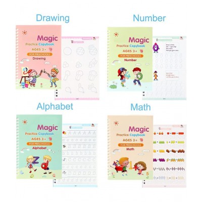 WISHKEY Practice Copy Book Set of 4 Magic Writing & Drawing Books Kit for Toddler Alphabet, maths,drawing Learning Handwriting Educational Playset for Kids With Pen,Refills & Pen grip for Preschooler