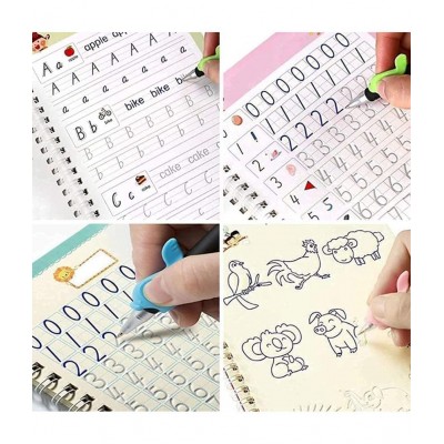 WISHKEY Practice Copy Book Set of 4 Magic Writing & Drawing Books Kit for Toddler Alphabet, maths,drawing Learning Handwriting Educational Playset for Kids With Pen,Refills & Pen grip for Preschooler