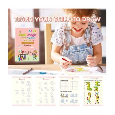 WISHKEY Practice Copy Book Set of 4 Magic Writing & Drawing Books Kit for Toddler Alphabet, maths,drawing Learning Handwriting Educational Playset for Kids With Pen,Refills & Pen grip for Preschooler