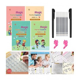 WISHKEY Practice Copy Book Set of 4 Magic Writing & Drawing Books Kit for Toddler Alphabet, maths,drawing Learning Handwriting Educational Playset for Kids With Pen,Refills & Pen grip for Preschooler