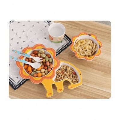WISHKEY Set Of 5 Pcs Cute Elephant Shape Bamboo Fibre Dinner Set for Toddler Kids, Weaning and Feeding Dining Set for Babies Meal Time
