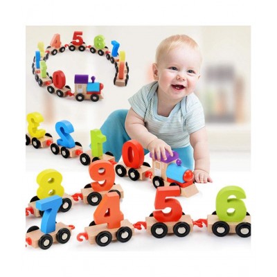 WISHKEY Wooden Digital Colorful Train with 0 to 9 Number, Learning Educational Model Vehicle Toy With Wheels For Toddler Kids 3 Years & Above (Pack Of 11, Multicolor)