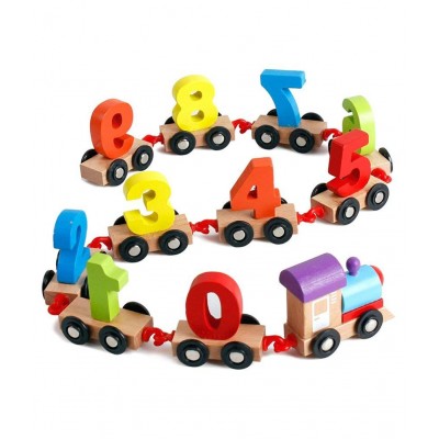 WISHKEY Wooden Digital Colorful Train with 0 to 9 Number, Learning Educational Model Vehicle Toy With Wheels For Toddler Kids 3 Years & Above (Pack Of 11, Multicolor)