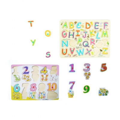 WISHKEY Wooden English Alphabet A to Z and Number Shapes with Early Educational Board for Preschooler Kids (Pack Of  2, Multicolor)