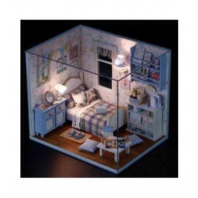 Webby Wooden DIY Bedroom Miniature Doll House with Lights, Blue