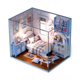 Webby Wooden DIY Bedroom Miniature Doll House with Lights, Blue